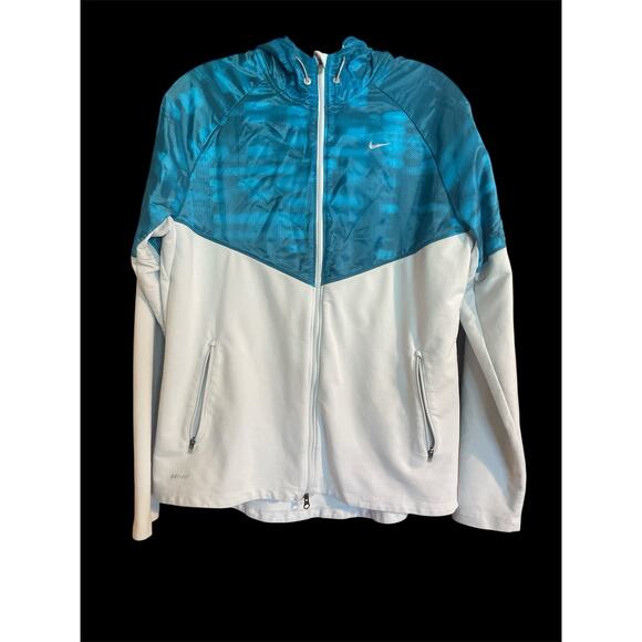 Nike Running Jacket Windbreaker Women’s L Dri-Fit Blue White Lightweight Zip Up - Picture 1 of 5
